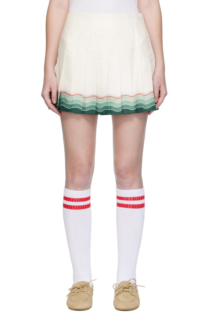 Silk twill miniskirt. 

· Knife pleats throughout
· Gradient stripes printed at hem
· Zip closure at side
· Full crêpe lining

Supplier color: White