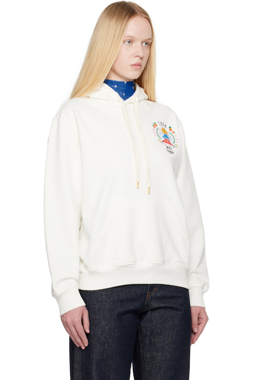 Organic cotton French terry hoodie.

· Drawstring at hood
· Logo graphic embroidered at chest
· Kangaroo pocket
· Rib-knit hem, side seams, and cuffs
· Dropped shoulders

Supplier color: White