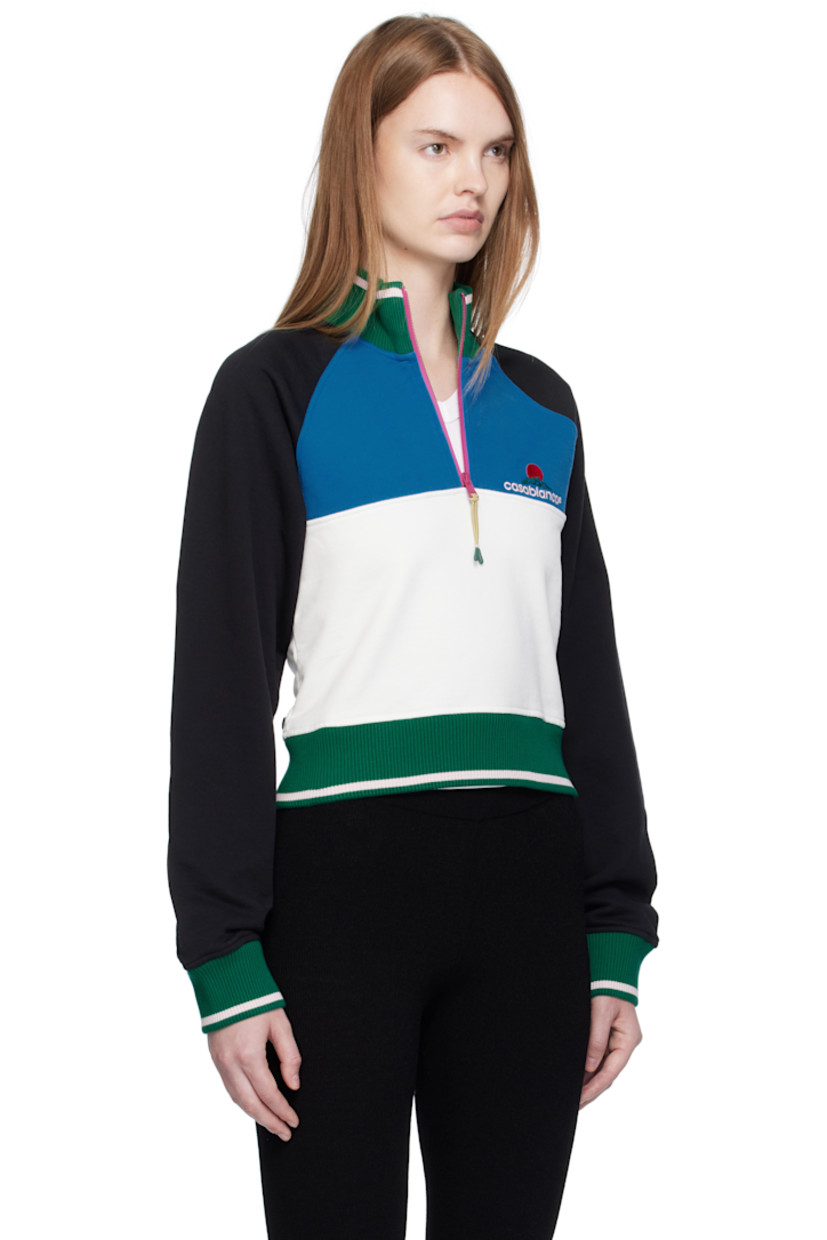Organic cotton French terry sweatshirt.

· Stripe at rib-knit stand collar, hem, and cuffs
· Half-zip closure
· Logo embroidered at chest 
· Cropped hem
· Raglan sleeves

Supplier color: Black/Blue/Off-white