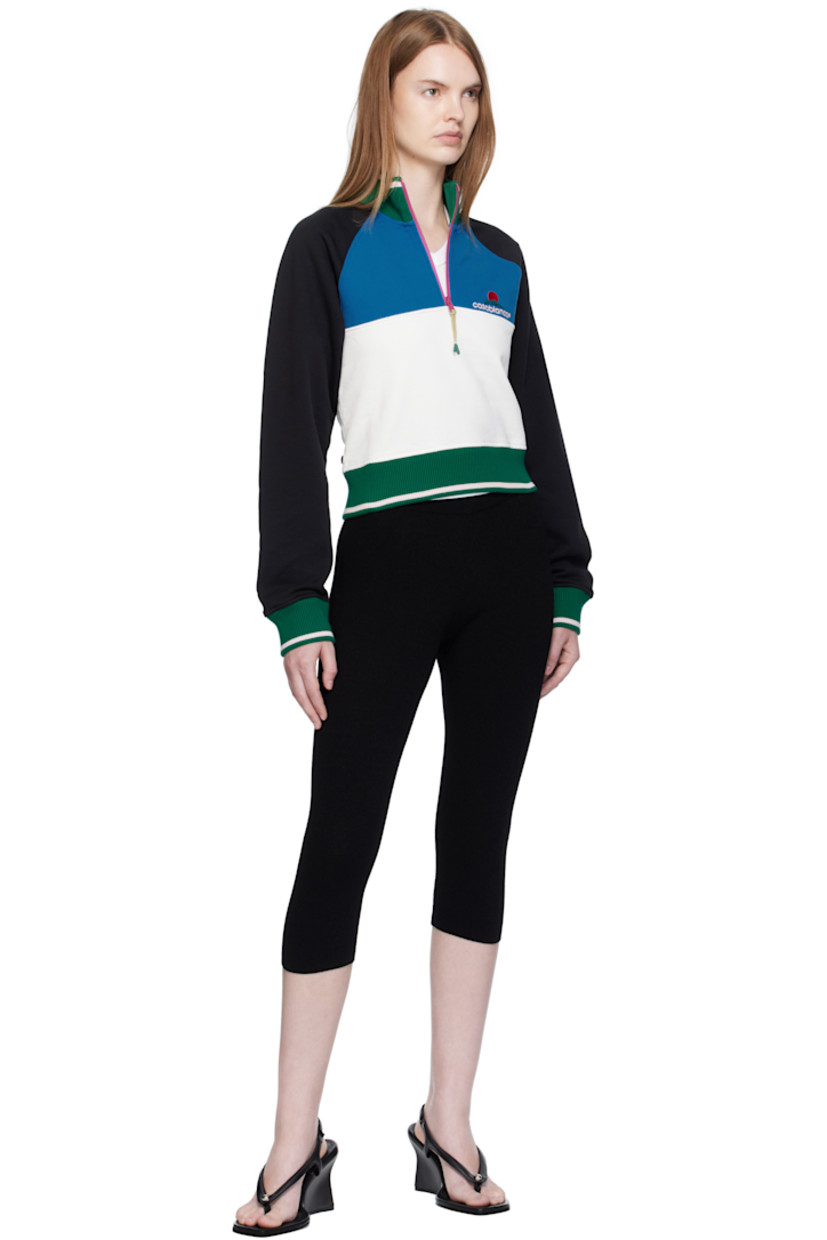 Organic cotton French terry sweatshirt.

· Stripe at rib-knit stand collar, hem, and cuffs
· Half-zip closure
· Logo embroidered at chest 
· Cropped hem
· Raglan sleeves

Supplier color: Black/Blue/Off-white