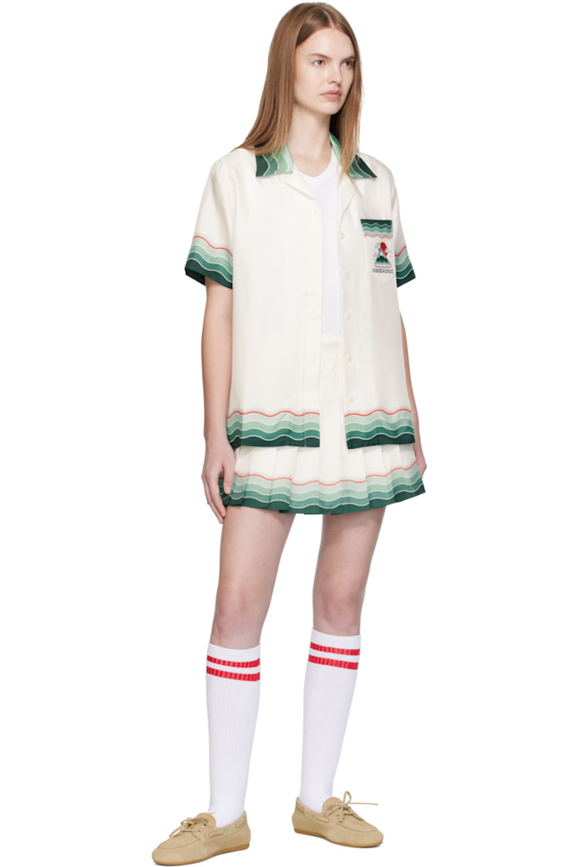 Silk satin shirt. 

· Gradient stripes printed throughout
· Button fastening at open spread collar
· Concealed button closure
· Logo graphic printed at chest and back
· Patch pocket at chest
· Logo-engraved hardware

Supplier color: White