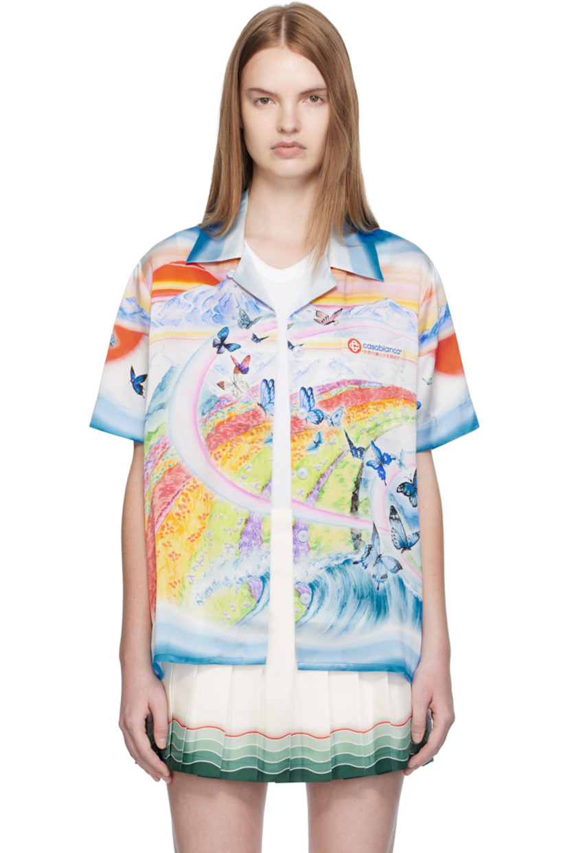Silk satin shirt. 

· Graphics printed throughout
· Button fastening at open spread collar
· Concealed button closure
· Patch pocket at chest
· Logo printed at chest and back
· Logo-engraved hardware

Supplier color: Butterfly mountain