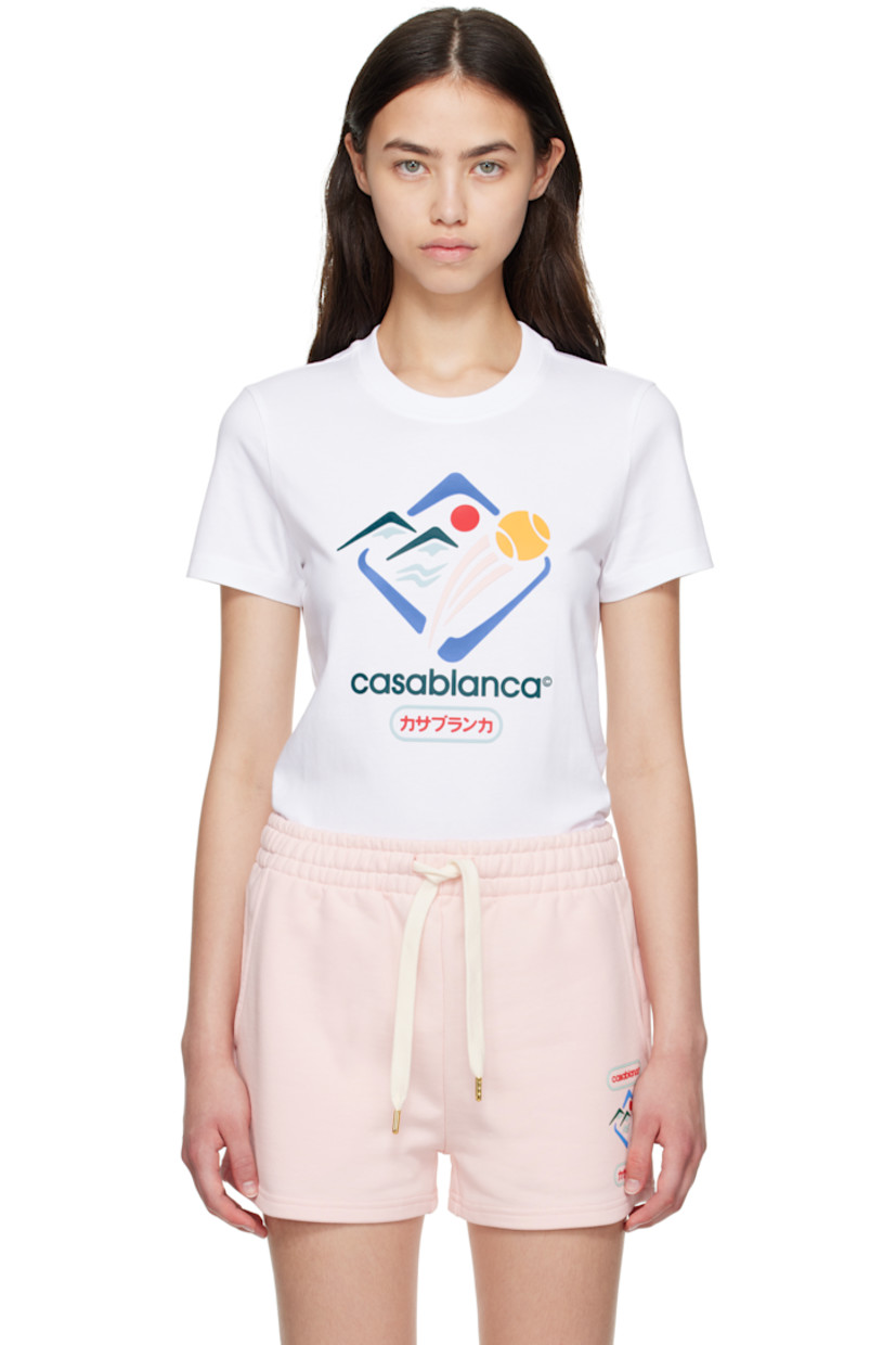 Organic cotton jersey T-shirt. 

· Rib-knit crewneck
· Rubberized logo, text, and graphic at front 

Supplier color: White jersey