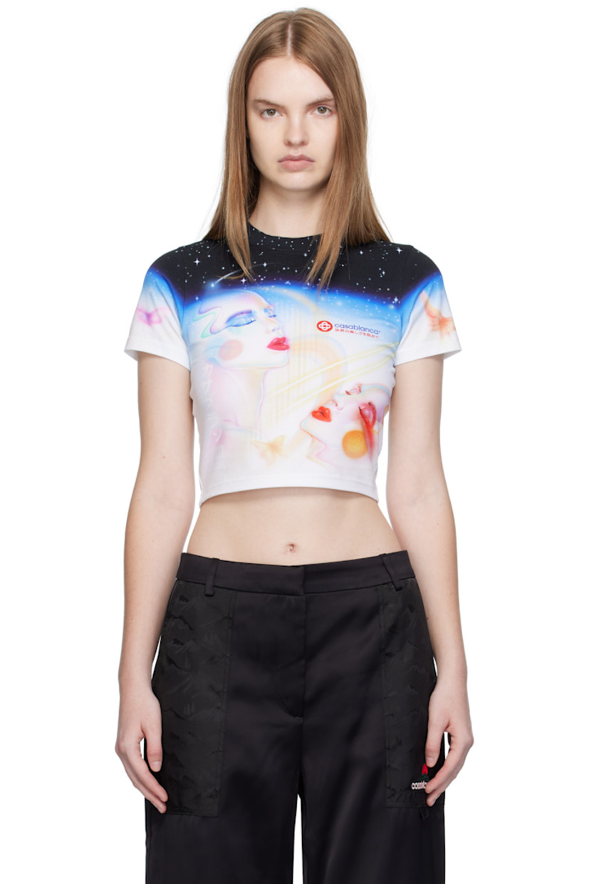 Stretch cotton jersey T-shirt.

· Graphics printed throughout
· Rib-knit crewneck
· Logo printed at chest
· Cropped hem

Supplier color: Galactic connection