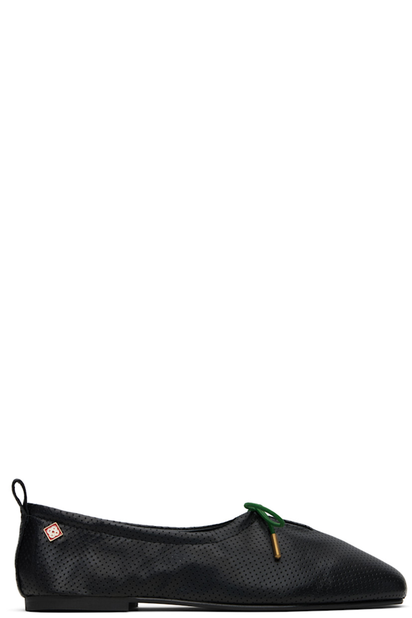 Buffed perforated leather flats.

· Square toe
· Elasticized lace-up keyhole at vamp
· Logo hardware at outer heel
· Pull-loop at heel
· Leather and suede lining
· Rubber sole

Supplier color: Black