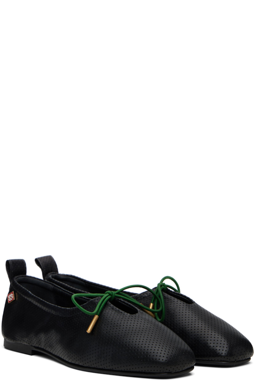 Buffed perforated leather flats.

· Square toe
· Elasticized lace-up keyhole at vamp
· Logo hardware at outer heel
· Pull-loop at heel
· Leather and suede lining
· Rubber sole

Supplier color: Black