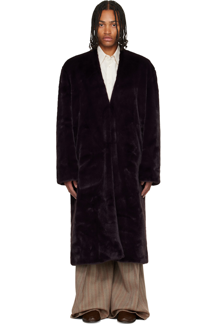 Faux-fur coat. 

· Shawl collar 
· Hook-eye closure
· Grained lambskin trim at placket
· Seam pockets at waist
· Full satin lining 

Supplier color: Burgundy
