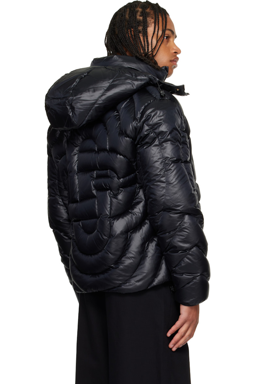 Down-filled logo-quilted nylon satin jacket. 

· Bungee-style drawstring at hood
· Stand collar
· Two-way zip closure
· Seam pockets at waist
· Bungee-style drawstring at hem 
· Elasticized cuffs
· Zip pocket at interior 
· Full satin lining 

Supplier color: Black