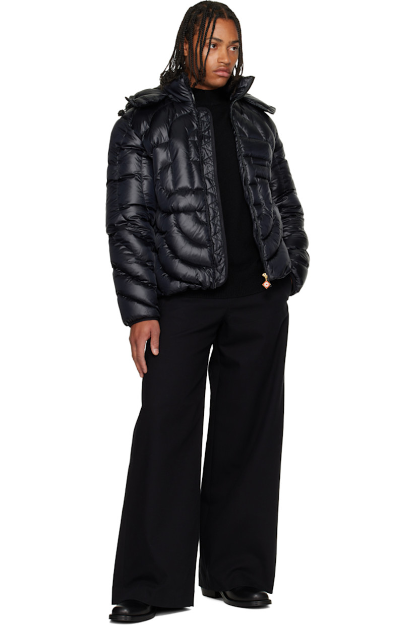 Down-filled logo-quilted nylon satin jacket. 

· Bungee-style drawstring at hood
· Stand collar
· Two-way zip closure
· Seam pockets at waist
· Bungee-style drawstring at hem 
· Elasticized cuffs
· Zip pocket at interior 
· Full satin lining 

Supplier color: Black