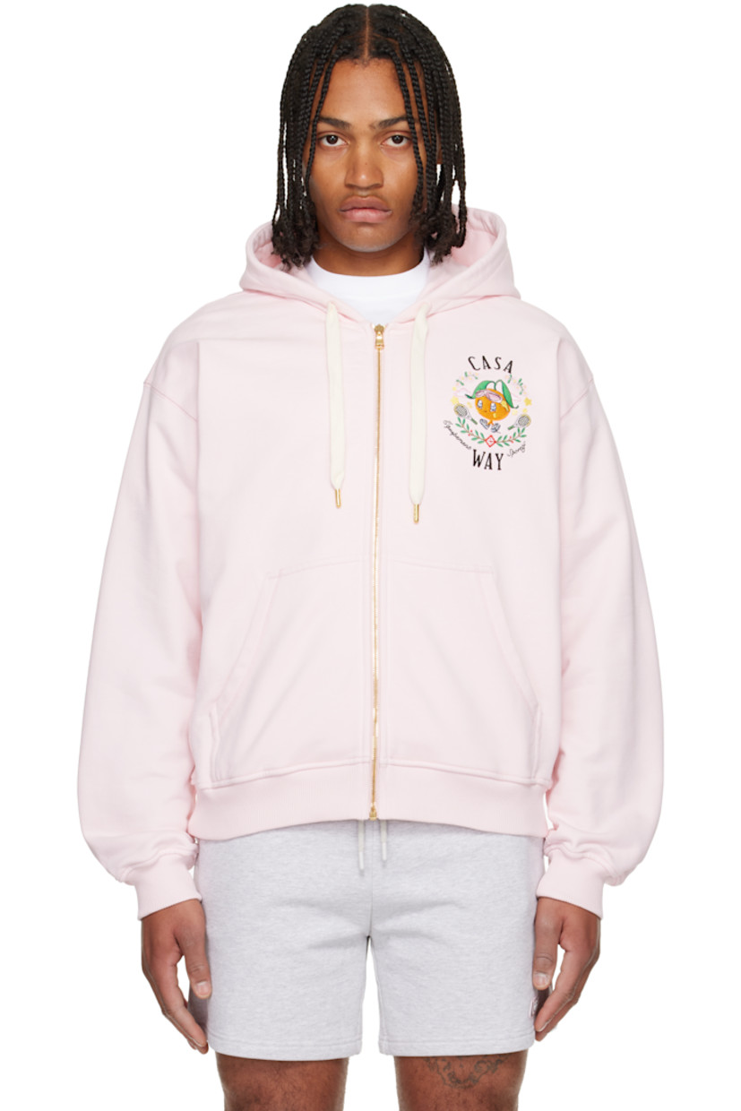 Organic cotton French terry hoodie. 

· Drawstring at hood
· Zip closure
· Logo graphic embroidered at chest
· Patch pockets at waist
· Rib-knit hem and cuffs

Supplier color: Pink