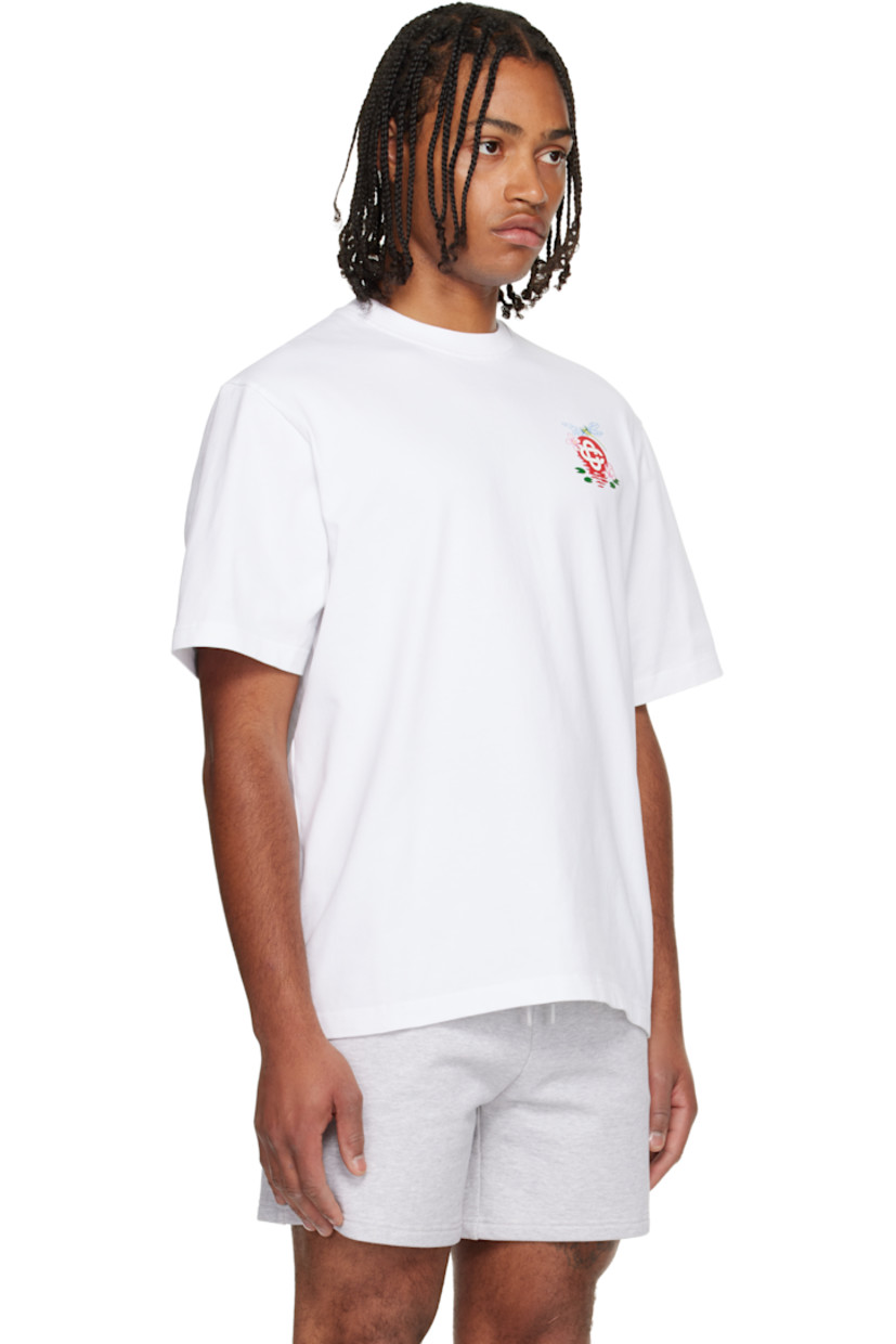 Organic cotton jersey T-shirt. 

· Rib-knit crewneck
· Logo graphic printed at chest
· Dropped shoulders

Supplier color: White