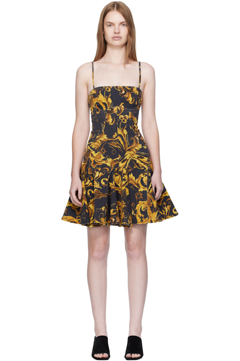 Stretch cotton twill minidress.

· Barocco pattern and logos printed throughout
· Paneled construction
· Straight neck
· Flared hem
· Logo hardware at fixed spaghetti strap
· Zip closure at back

Supplier color: Black/Gold
