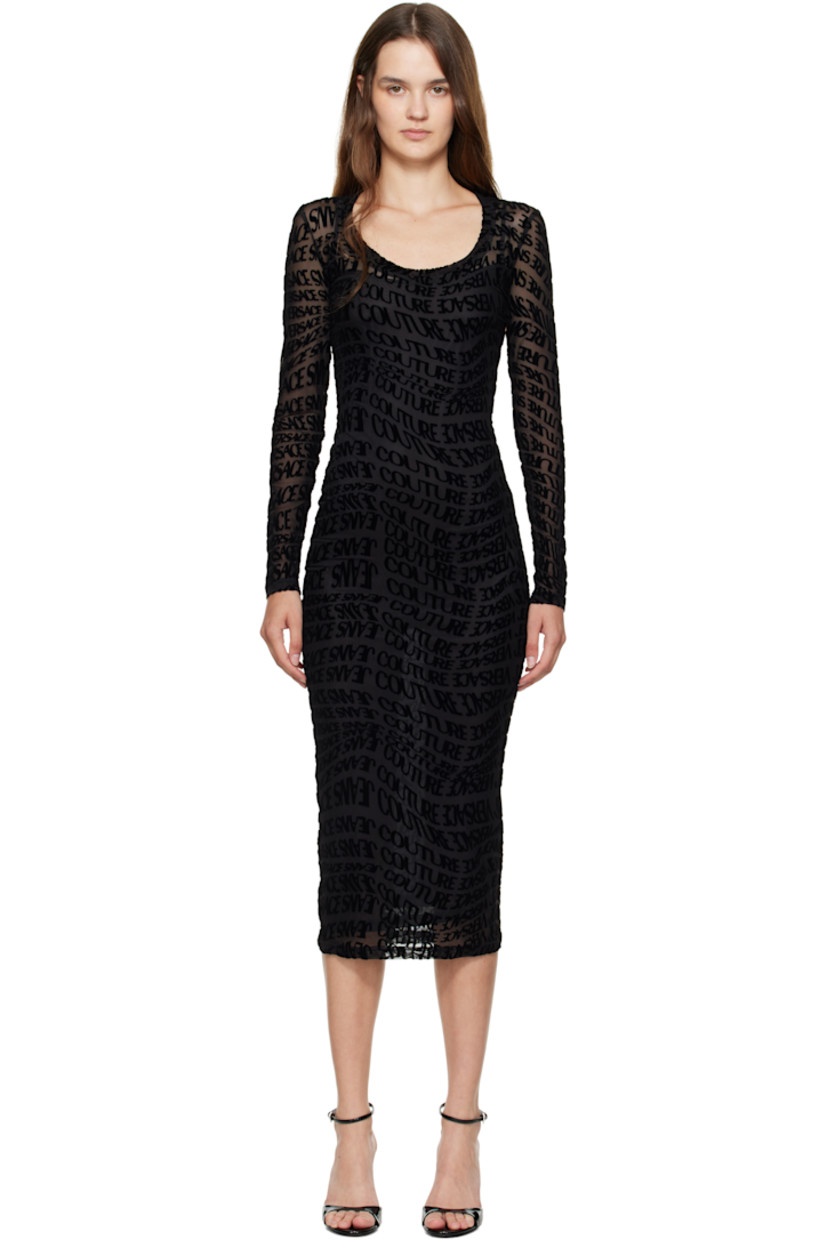 Sheer stretch mesh midi dress.

· Logo pattern flocked throughout
· Scoop neck
· Removable mesh slip-style lining

Supplier color: Black