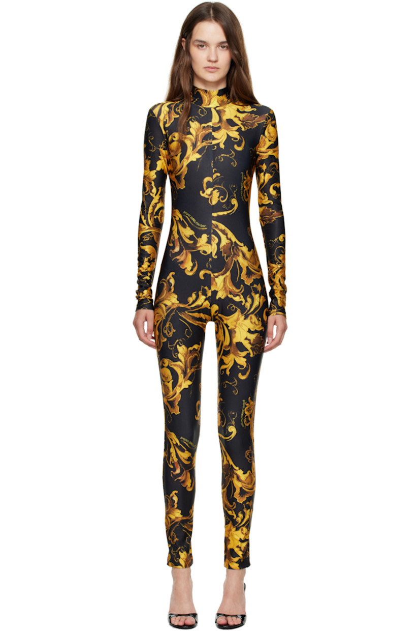 Stretch jersey jumpsuit.

· Barocco pattern printed throughout
· Stand collar
· Zip closure at back

Supplier color: Black/Gold