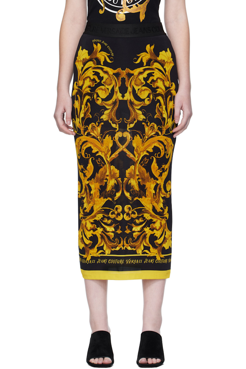 Stretch viscose jersey midi skirt. 

· Barocco pattern and logos printed throughout
· Jacquard logo at elasticized waistband
· Partially lined

Supplier color: Black/Gold