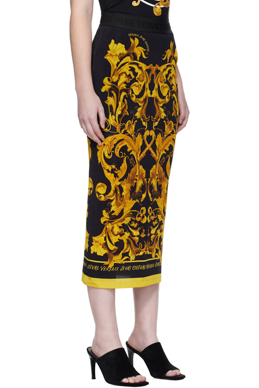 Stretch viscose jersey midi skirt. 

· Barocco pattern and logos printed throughout
· Jacquard logo at elasticized waistband
· Partially lined

Supplier color: Black/Gold