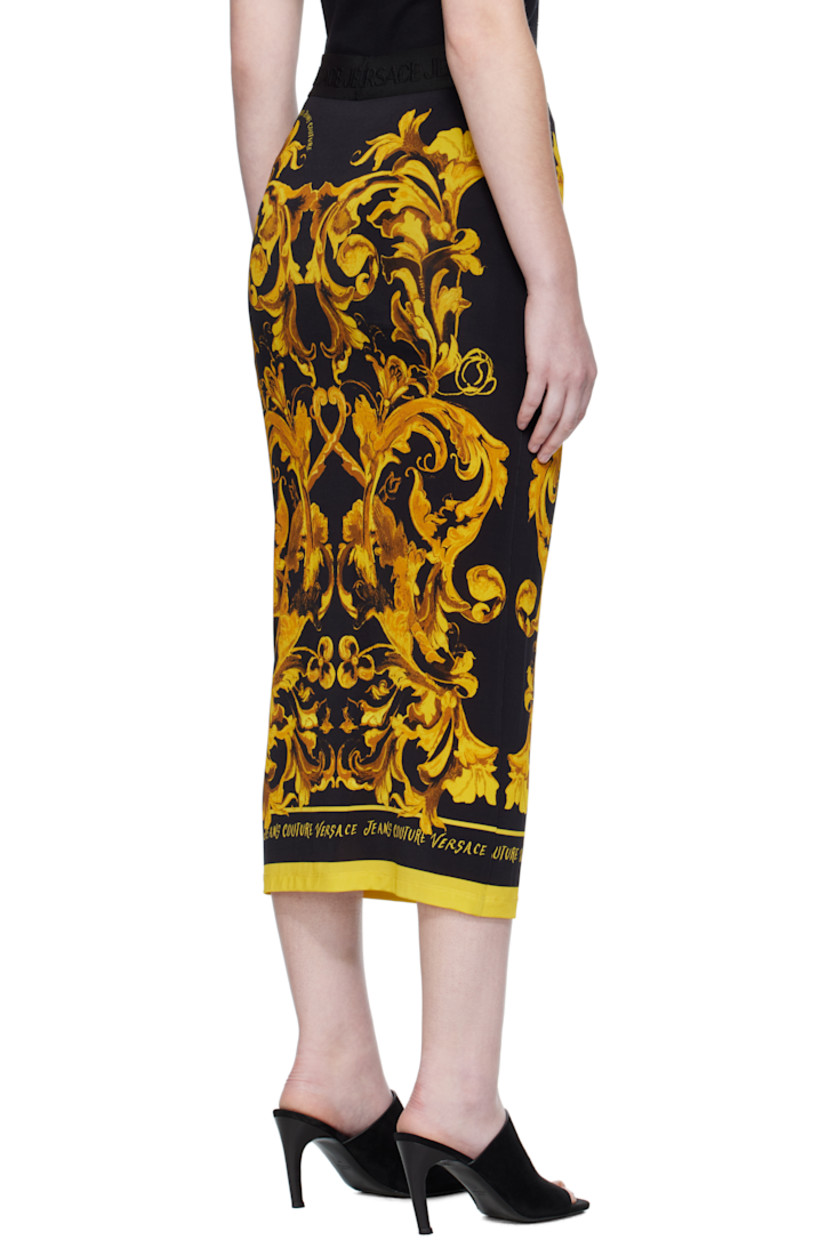 Stretch viscose jersey midi skirt. 

· Barocco pattern and logos printed throughout
· Jacquard logo at elasticized waistband
· Partially lined

Supplier color: Black/Gold