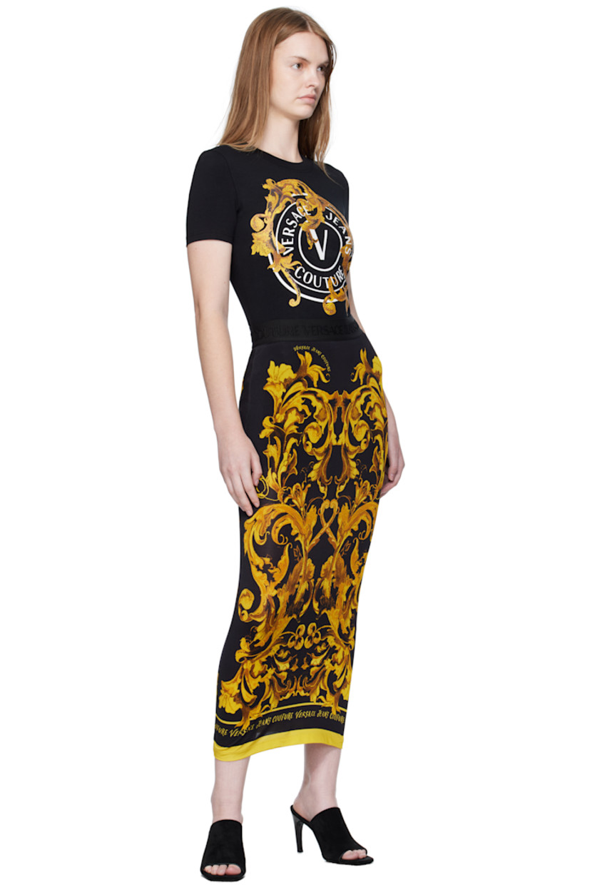 Stretch viscose jersey midi skirt. 

· Barocco pattern and logos printed throughout
· Jacquard logo at elasticized waistband
· Partially lined

Supplier color: Black/Gold
