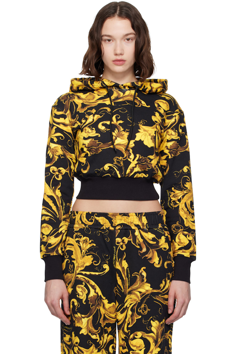 French terry hoodie. Barocco pattern printed throughout.

· Drawstring at hood
· Cropped hem
· Rib-knit hem and cuffs

Supplier color: Black/Gold