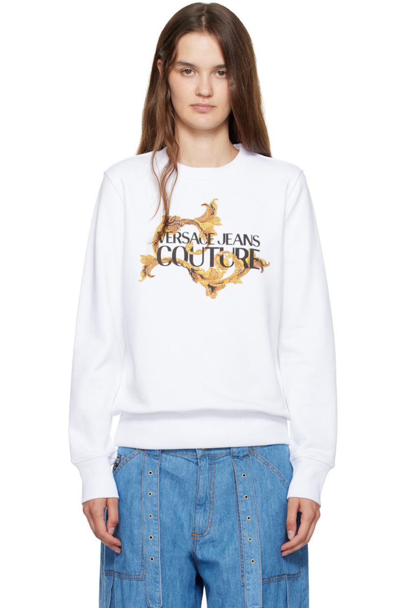 French terry sweatshirt. 

· Rib-knit crewneck, hem, and cuffs
· Logo graphic with crystal-cut accents at front

Supplier color: White/Gold