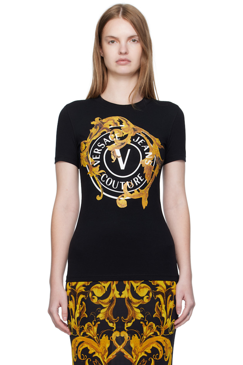 Stretch cotton jersey T-shirt.

· Rib-knit crewneck
· Printed logo graphic with crystal-cut accents at front

Supplier color: Black/Gold