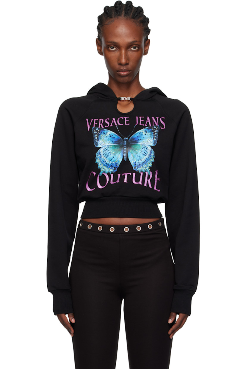 French terry hoodie.

· Logo hardware and cutout at collar
·� Rib-knit hem and cuffs
· Raglan sleeves
· Logo graphic with crystal-cut accents at front

Supplier color: Black