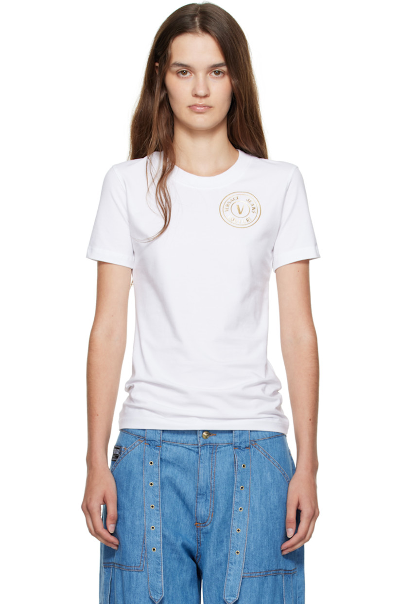 Stretch cotton jersey T-shirt.

· Rib-knit crewneck
· Logo printed at chest

Supplier color: White/Gold