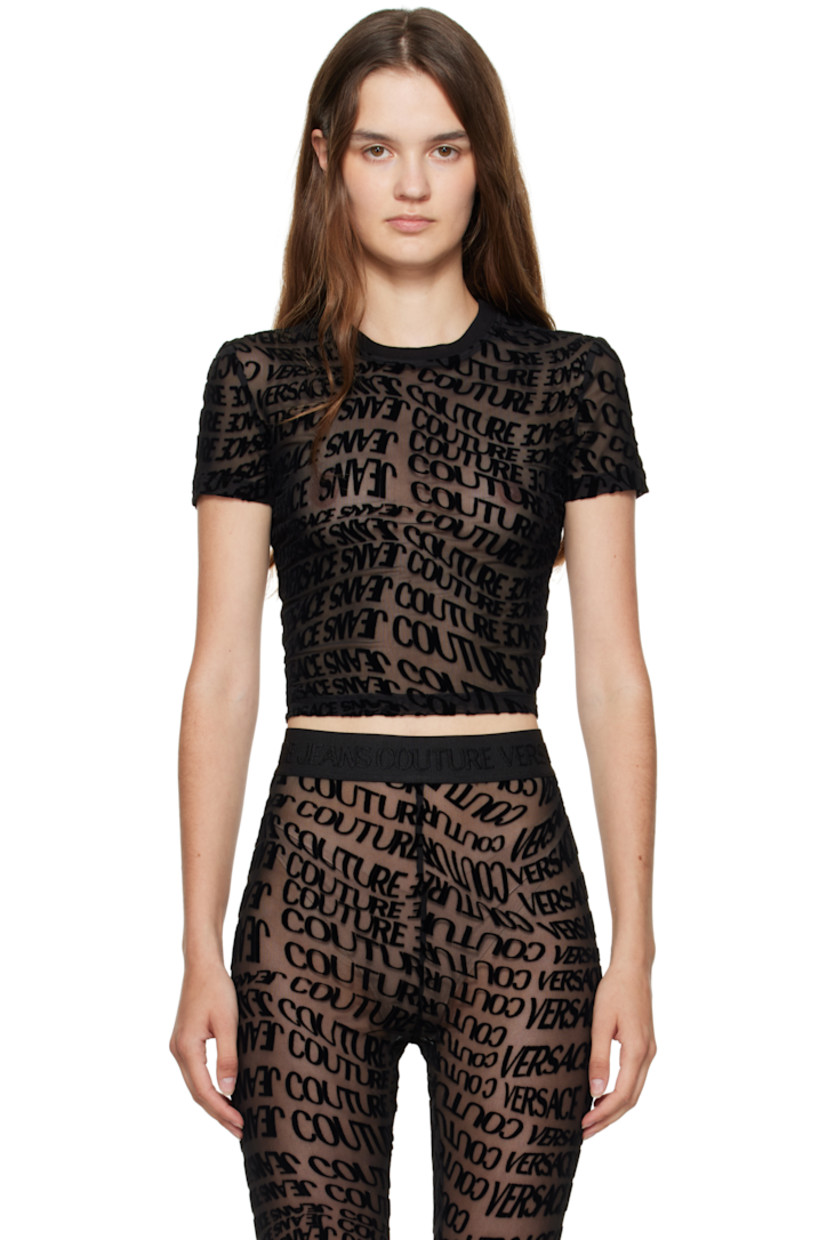 Sheer stretch mesh T-shirt.

· Logo pattern flocked throughout
· Rib-knit crewneck
· Cropped hem

Supplier color: Black