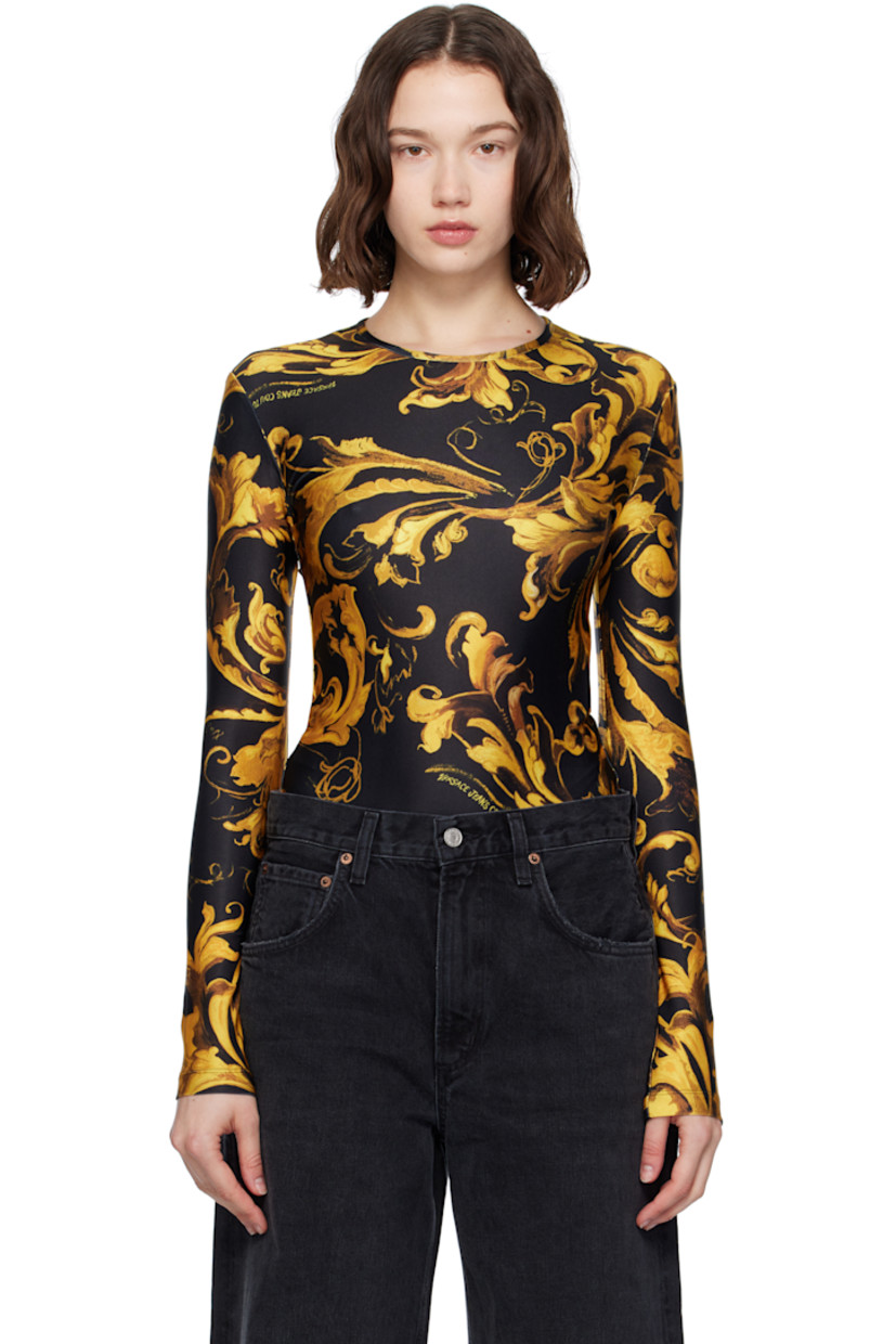 Stretch polyester jersey bodysuit. Barocco pattern printed throughout.

· Crewneck
· Adjustable press-stud fastening at bottom

Supplier color: Black