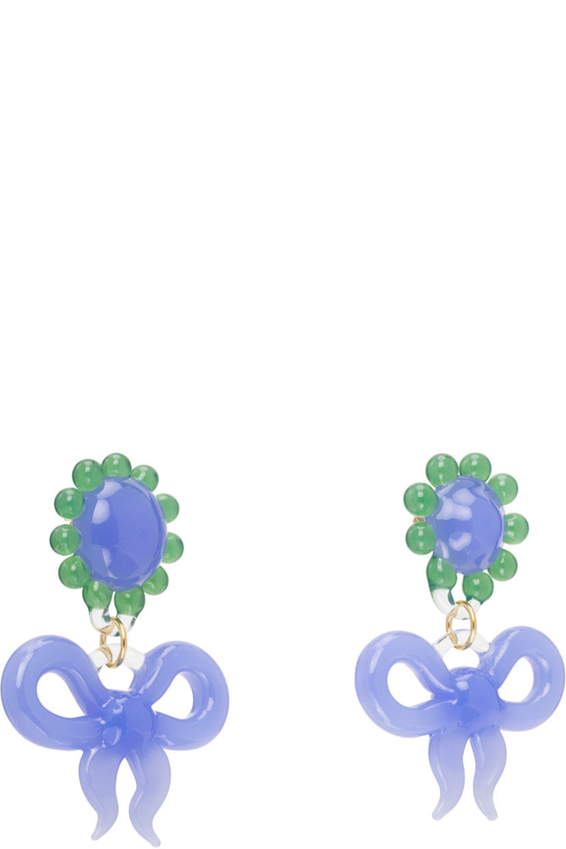 Pair of handcrafted borosilicate glass stud earrings in green and blue

· Graphic at face and drop
· Post-stud fastening 
· Gold-tone brass hardware
· H2" x W1.5"

Supplier color: Green/Blue