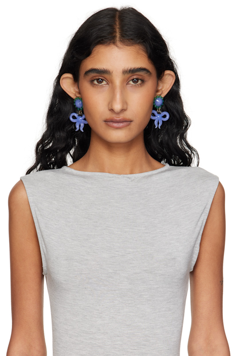 Pair of handcrafted borosilicate glass stud earrings in green and blue

· Graphic at face and drop
· Post-stud fastening 
· Gold-tone brass hardware
· H2" x W1.5"

Supplier color: Green/Blue
