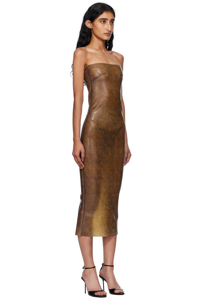Semi-sheer latex midi dress.

· Leopard pattern throughout
· Straight neck
· Darts at chest
· Zip closure at back
· Central vent at back hem
· Unlined

Supplier color: Leopard