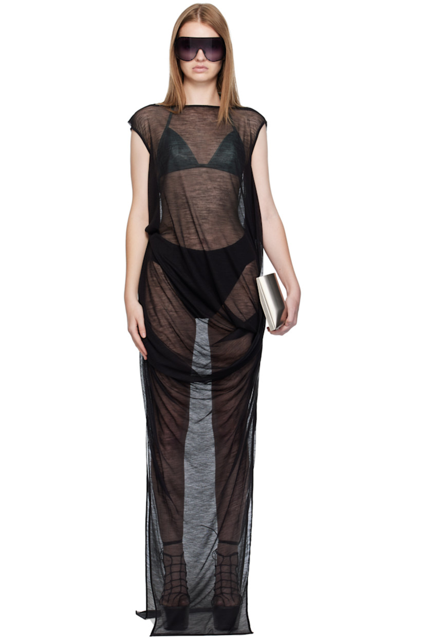 Sheer wool-blend jersey maxi dress.

· Draping throughout
· Boatneck
· Asymmetrical hem
· Slit at side seams

Supplier color: Black