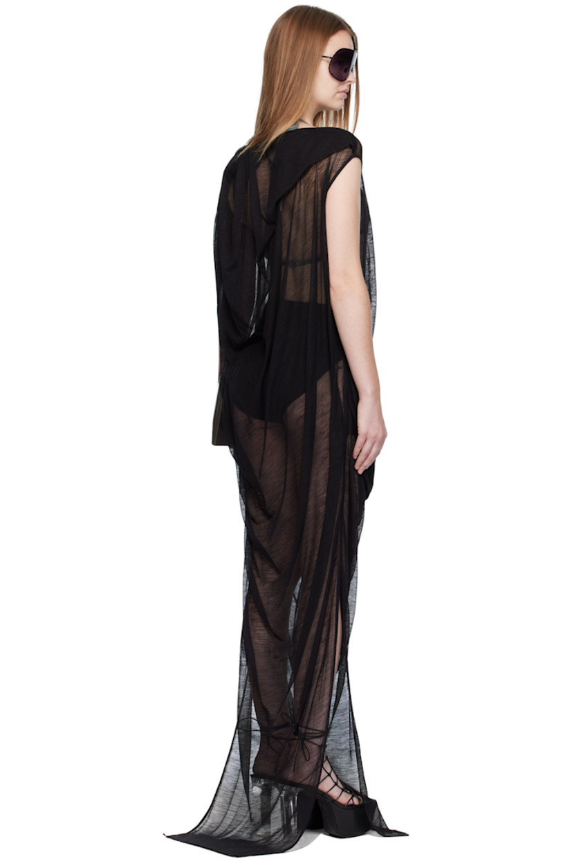 Sheer wool-blend jersey maxi dress.

· Draping throughout
· Boatneck
· Asymmetrical hem
· Slit at side seams

Supplier color: Black