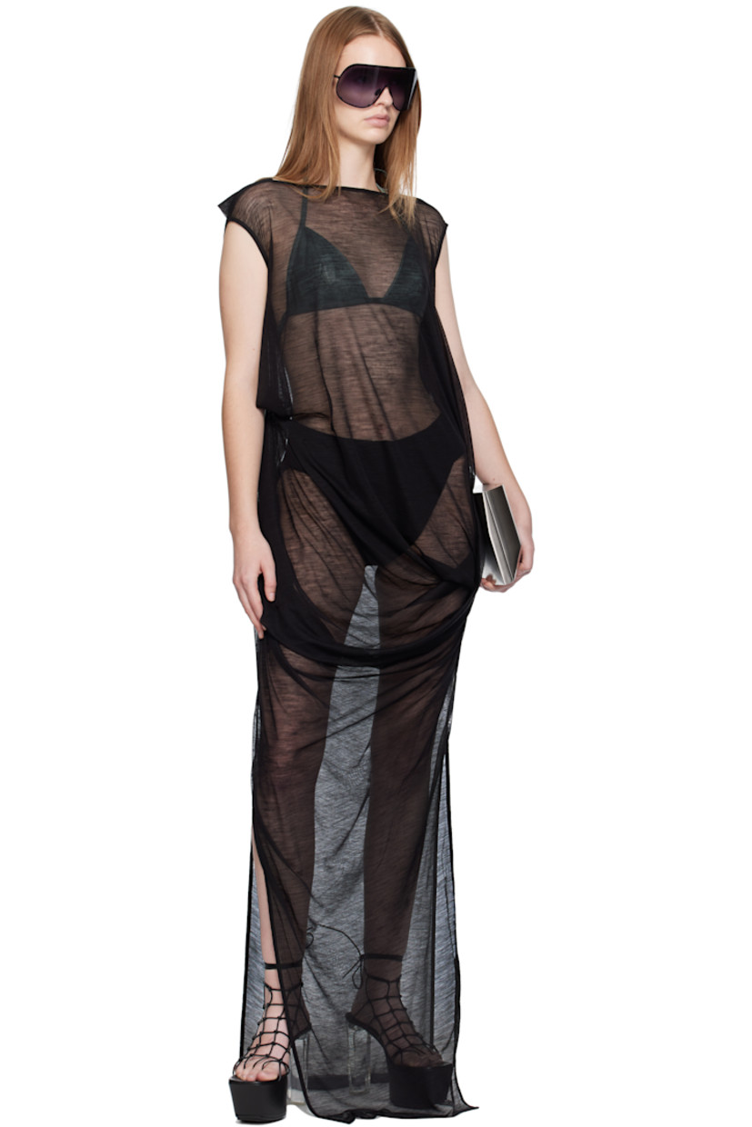 Sheer wool-blend jersey maxi dress.

· Draping throughout
· Boatneck
· Asymmetrical hem
· Slit at side seams

Supplier color: Black