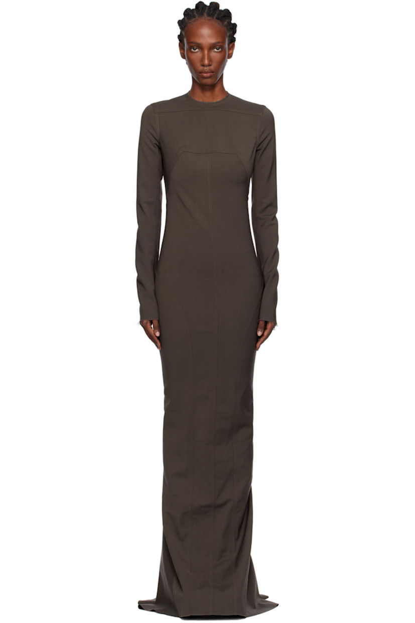 Plain-woven stretch virgin wool-blend maxi dress.

· Paneled construction
· Raw edge throughout 
· Crewneck
· Zip closure at back 
· Zip vent at cuffs

Supplier color: Dark dust