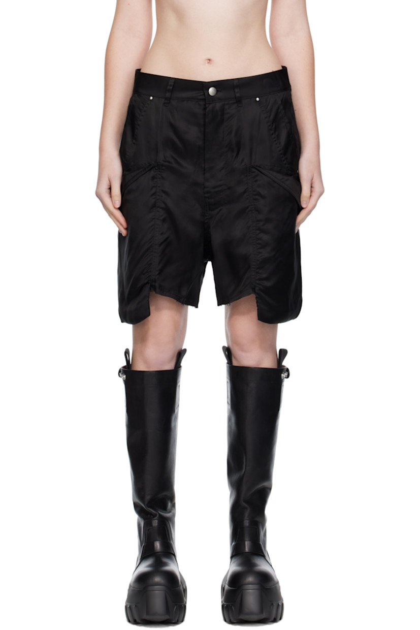 Cupro twill cargo shorts.

· Belt loops
· Four-pocket styling
· Zip fly
· Ruching at front
· Raw edge at cuffs
· Flap pocket at outseams
· Hammer loops at back leg
· Logo-engraved silver-tone hardware

Supplier color: Black