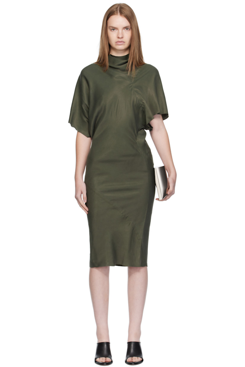 Bias-cut acetate- and viscose-blend charmeuse midi dress.

· Draping throughout
· Cowl neck
· Raw edge at hem and cuffs
· Asymmetrical cutout at back collar
· Unlined

Supplier color: Bosco