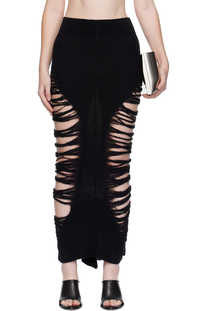 Knit stretch alpaca-blend midi skirt.

· Laddering throughout
· Rib-knit waistband
· Ruffled droptail hem

Supplier color: Black