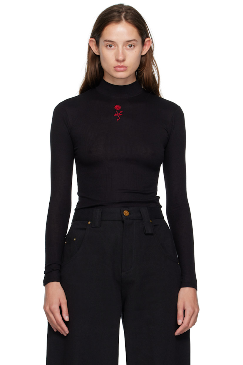 Stretch ribbed jersey top.

· Mock neck
· Graphic embroidered at chest

Supplier color: Black