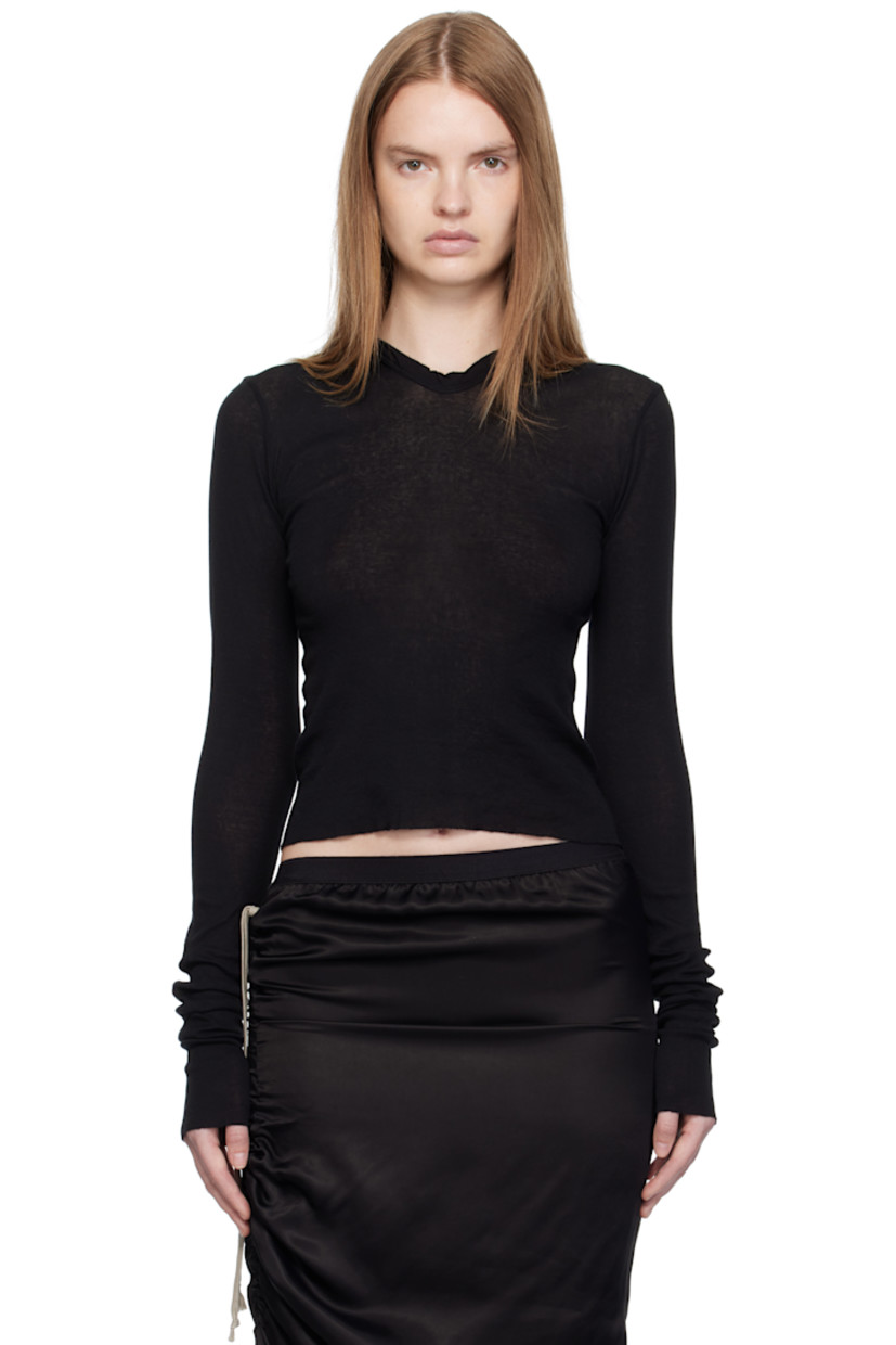 Semi-sheer organic cotton jersey hoodie. 

· Cropped hem
· Raw edge at hem and cuffs
· Central seam at back

Supplier color: Black