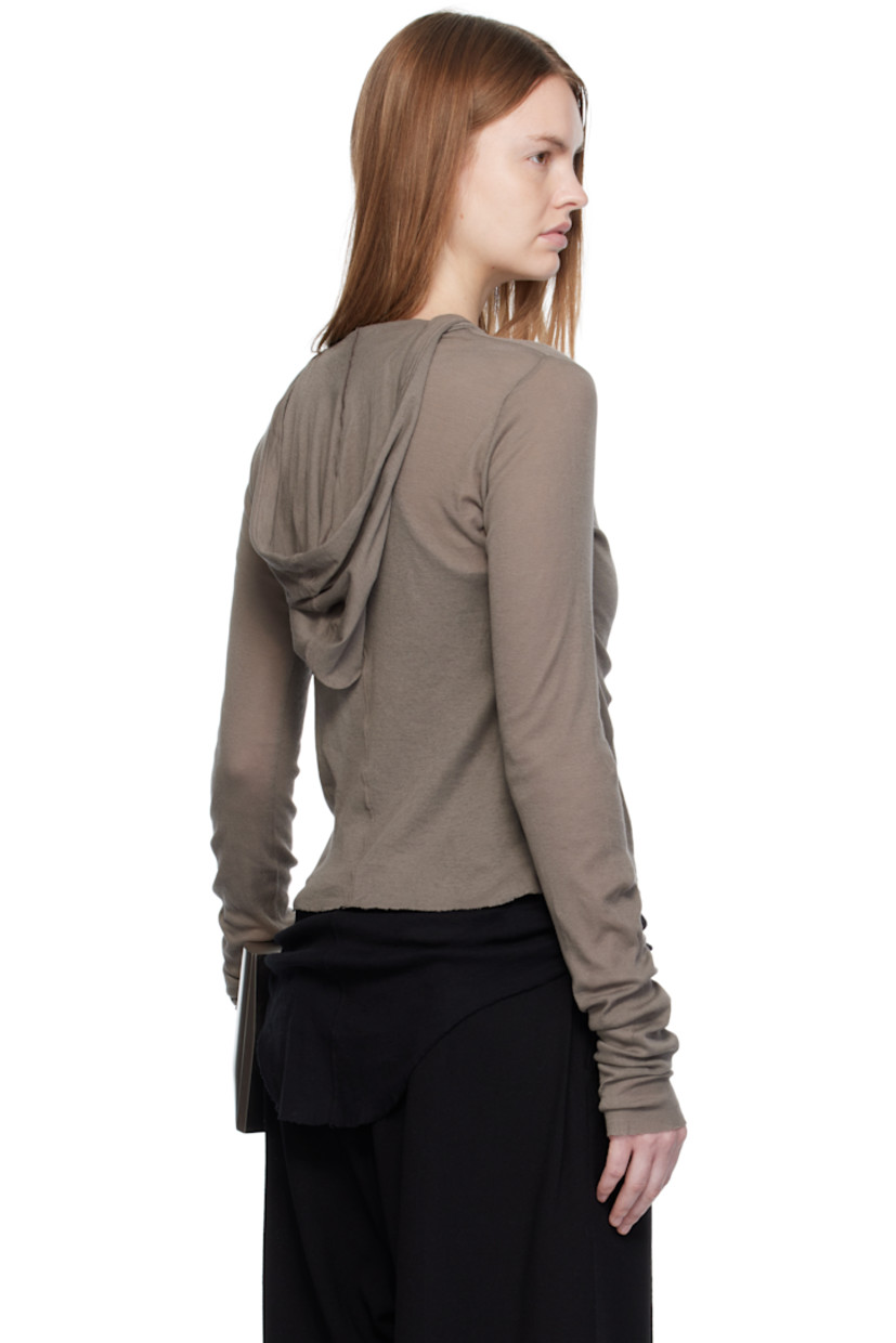 Semi-sheer organic cotton jersey hoodie. 

· Cropped hem
· Raw edge at hem and cuffs
· Central seam at back

Supplier color: Dust