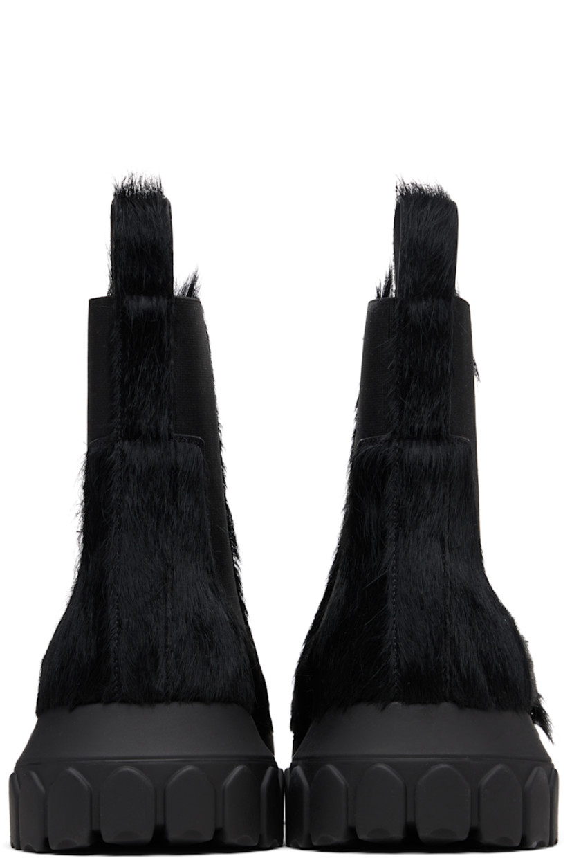 Ankle-high hair-on-leather Chelsea boots.

· Elasticized gusset at sides
· Pull-loop at heel collar
· Buffed leather lining
· Treaded rubber platform sole
· Platform: H2"

Supplier color: Black/Black