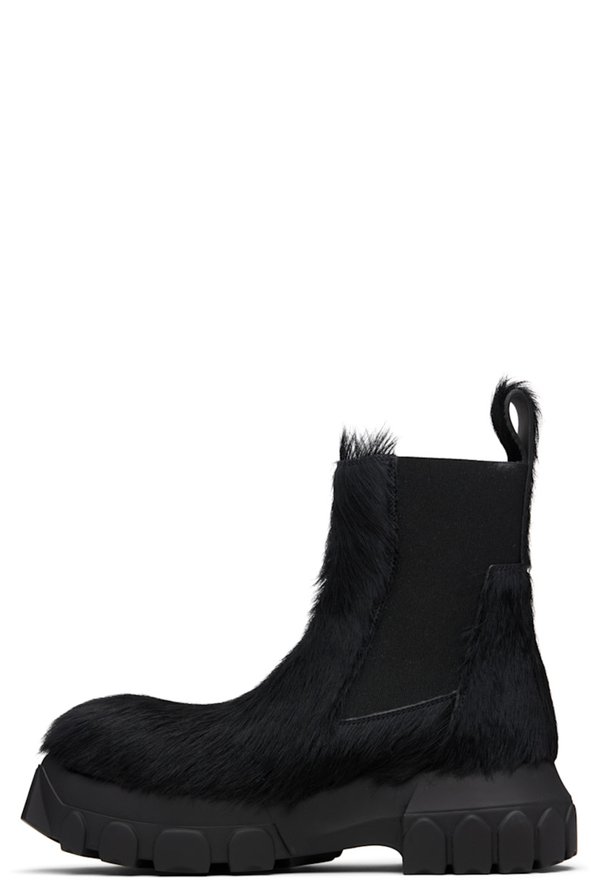 Ankle-high hair-on-leather Chelsea boots.

· Elasticized gusset at sides
· Pull-loop at heel collar
· Buffed leather lining
· Treaded rubber platform sole
· Platform: H2"

Supplier color: Black/Black