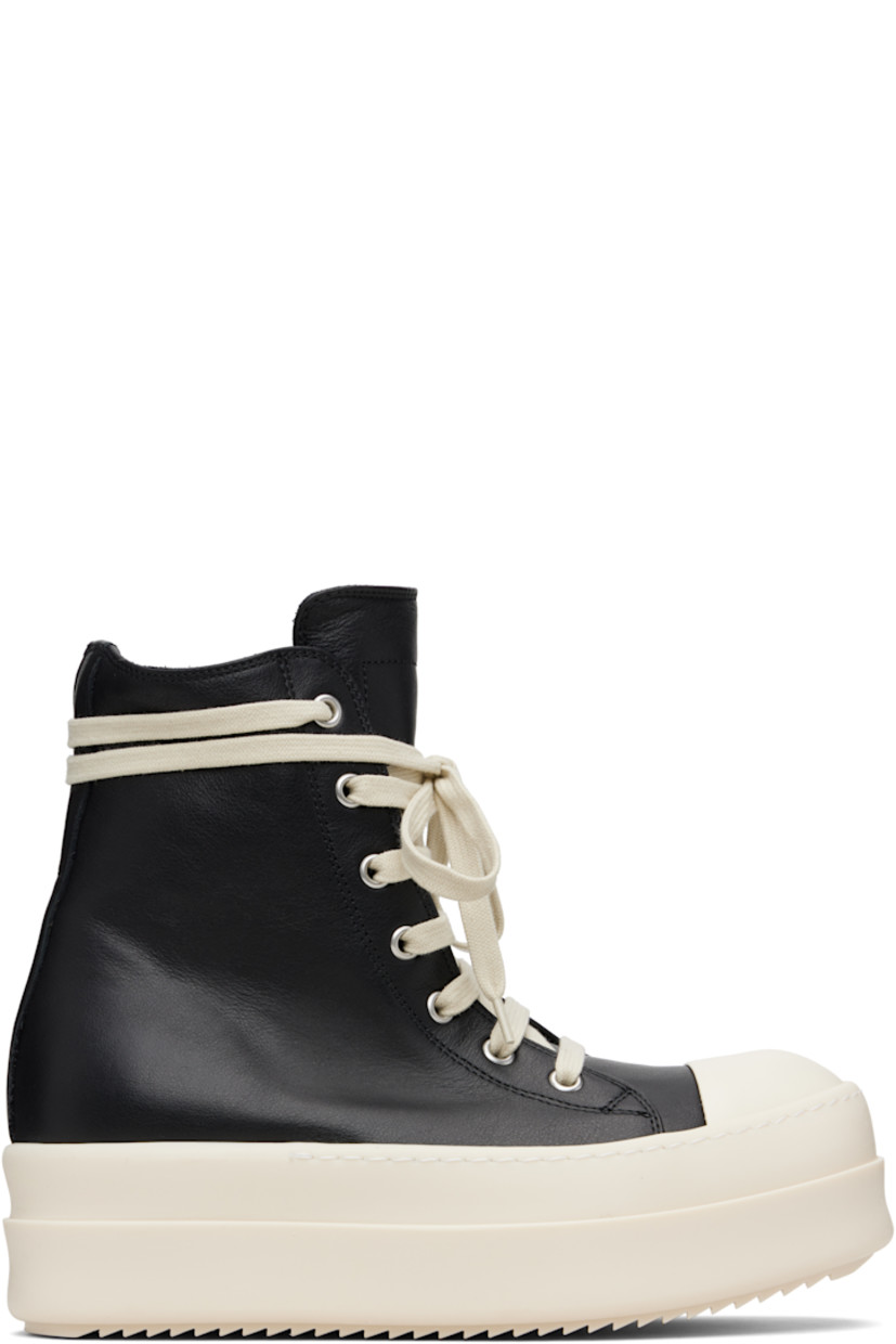 High-top buffed leather sneakers.

· LWG-certified leather
· Calfskin cap toe
· Lace-up closure
· Zip closure and metal eyelets at inner side
· Treaded rubber platform sole
· Platform: H2"

Supplier color: Black/Milk/Milk
