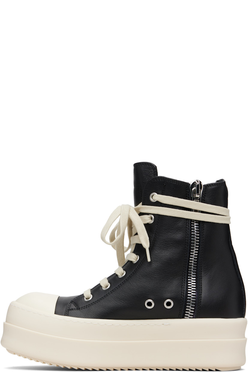 High-top buffed leather sneakers.

· LWG-certified leather
· Calfskin cap toe
· Lace-up closure
· Zip closure and metal eyelets at inner side
· Treaded rubber platform sole
· Platform: H2"

Supplier color: Black/Milk/Milk