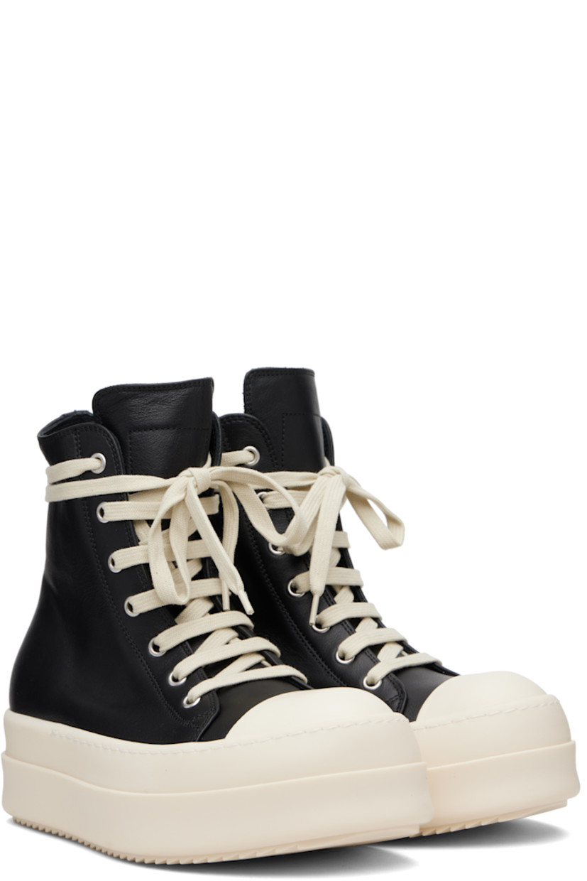 High-top buffed leather sneakers.

· LWG-certified leather
· Calfskin cap toe
· Lace-up closure
· Zip closure and metal eyelets at inner side
· Treaded rubber platform sole
· Platform: H2"

Supplier color: Black/Milk/Milk