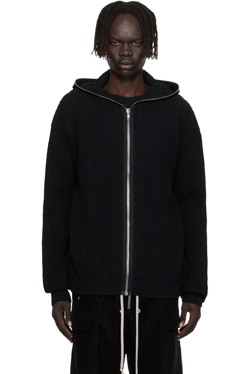 Heavyweight rib-knit virgin wool hoodie.

· Zip closure extends to hood
· Dropped shoulders
· Central garter-stitch stripe at back

Supplier color: Black
