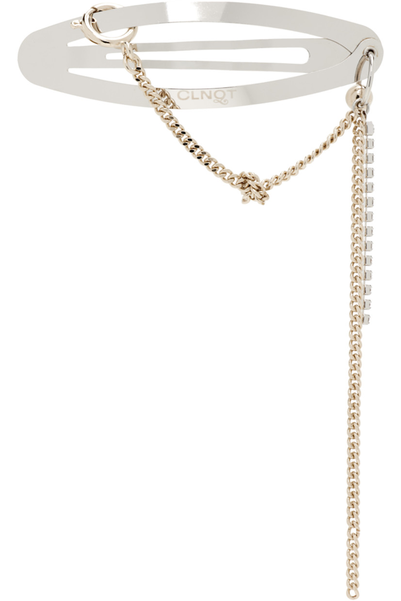 Handcrafted barrette in palladium- and 24k yellow gold-plated brass.

· Logo engraved at face
· Knotted curb and cup chain detailing at drop
· H4.5" x W3"

Supplier color: Gold/Palladium