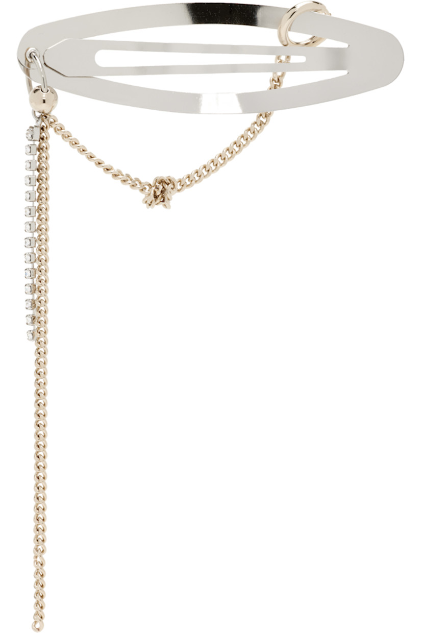Handcrafted barrette in palladium- and 24k yellow gold-plated brass.

· Logo engraved at face
· Knotted curb and cup chain detailing at drop
· H4.5" x W3"

Supplier color: Gold/Palladium